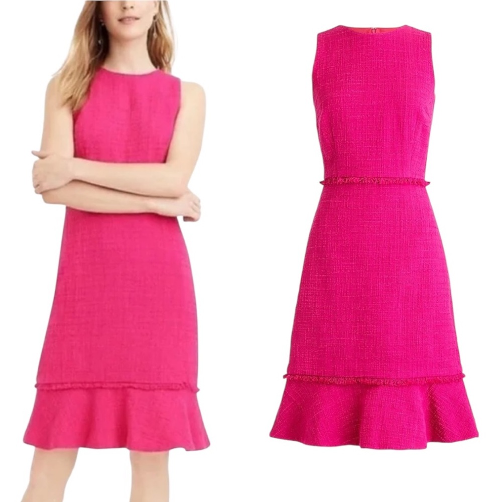 J. Crew Pink Fluted Hem A-Line Fringe Detail Textured Cotton Tweed Dress - 8